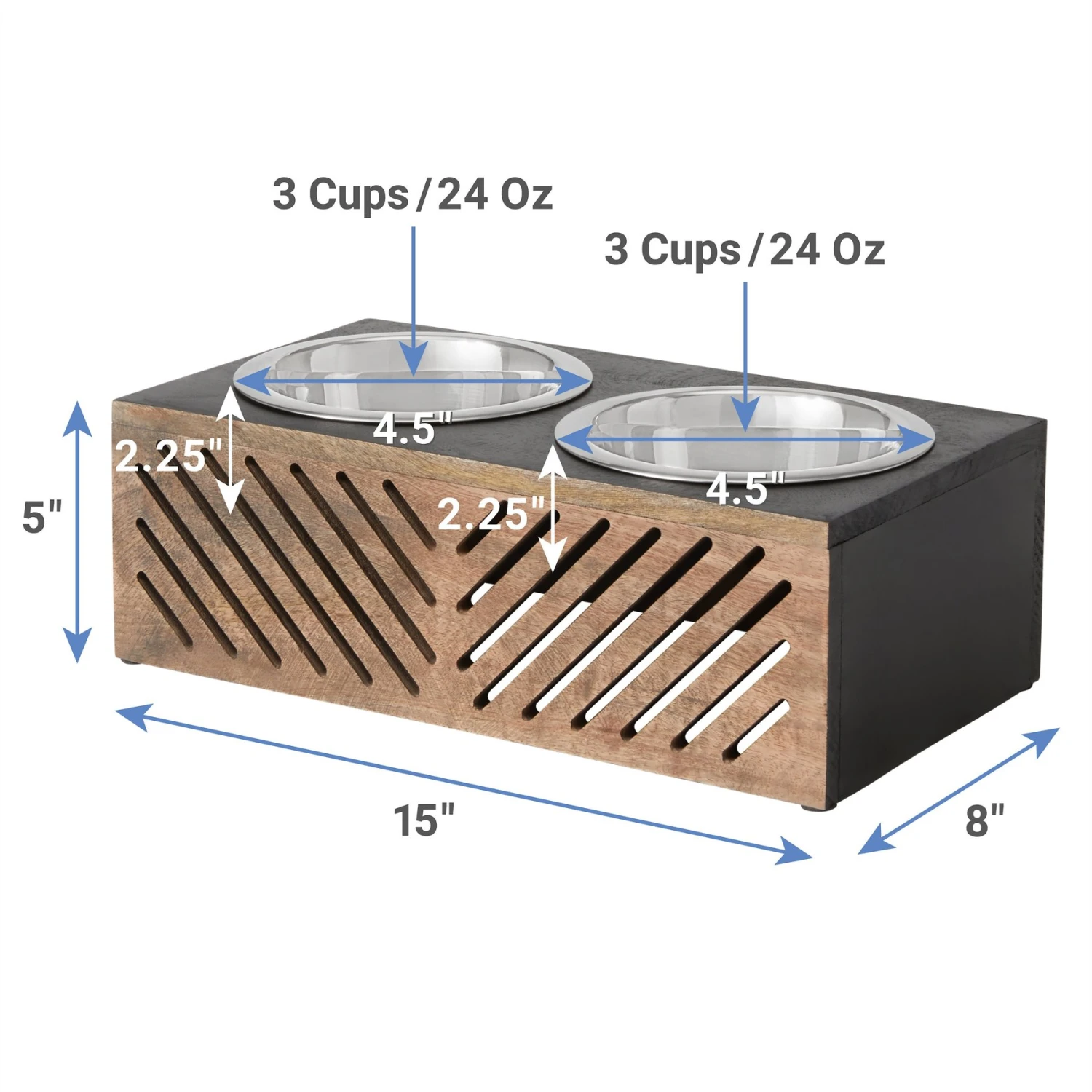 Frisco Premium Wood Elevated Stainless Steel Double Diner Dog & Cat Bowl, Black, 3 Cup 4 Frisco Premium Wood Elevated Stainless Steel Double Diner Dog & Cat Bowl, Black, 3 Cup - Image 2